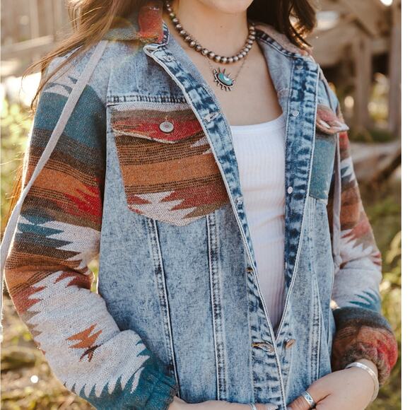 Beautiful Multicolor Aztec Print Frayed Hem Denim Jacket - Picture 8 of 8